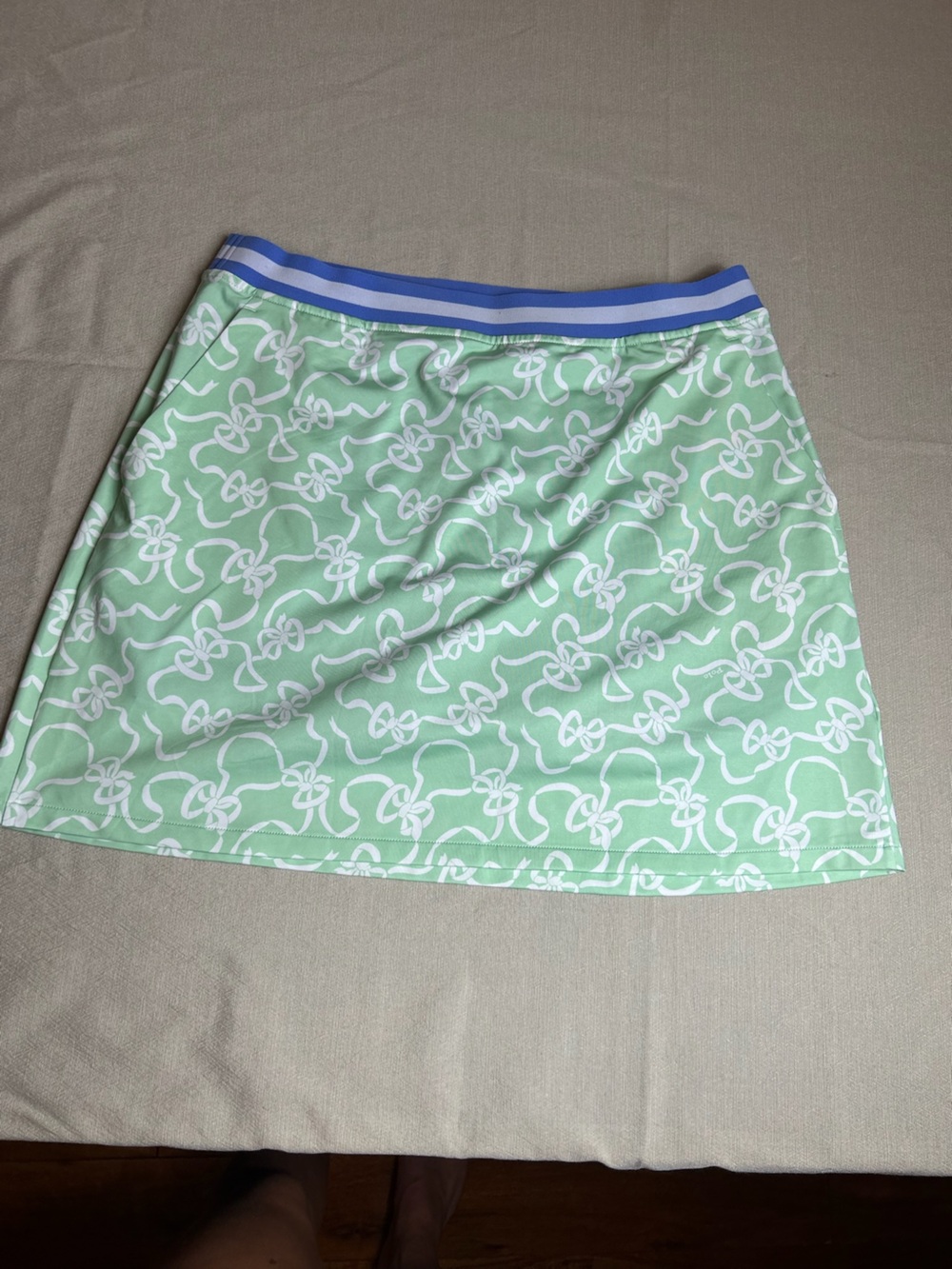 Striped-Waist Mint Green A-Line Skirt with White Knot Print